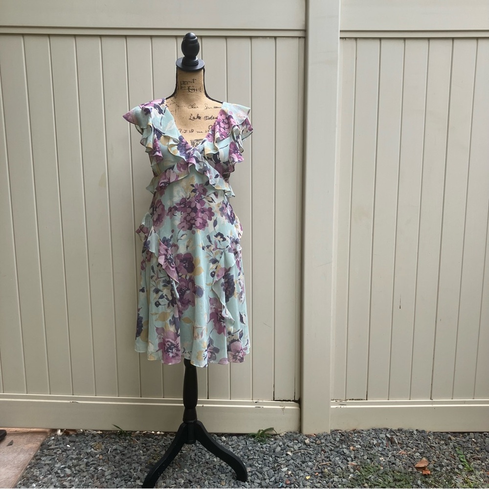 Lauren Ralph Lauren Georgette dress midi green/lavender 4 wedding guest - Picture 3 of 9